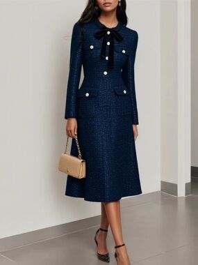 NWT Fehaute Dark Blue Bow Sequin Tweed Crew Neck Long Sleeve A-Line Midi Dress